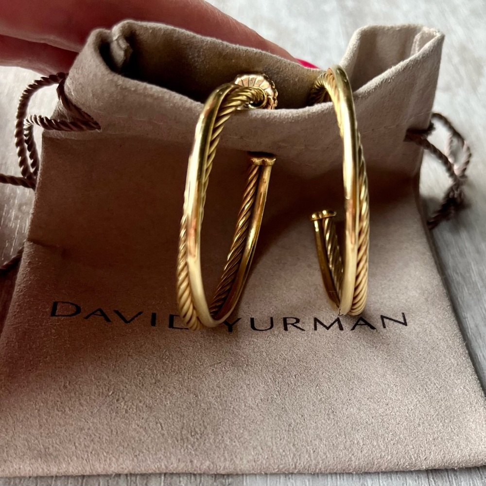 David Yurman 18k Gold Cable Crossover Hoop Earrings